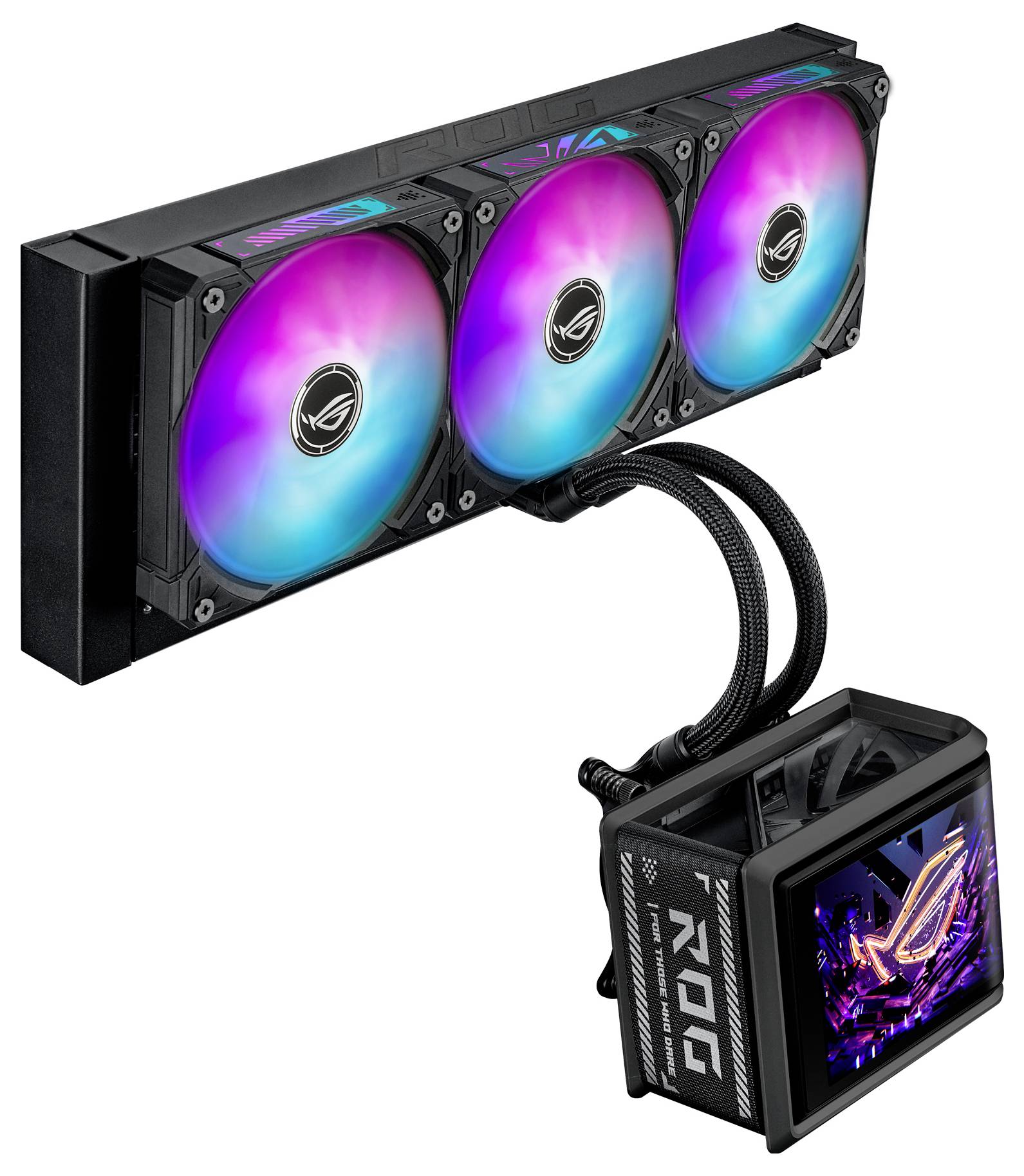 ASUS ROG kapalinový chladič CPU s tromi RGB ventilátorov pripojené na štvorcovú hlavu pumpy zobrazujúcu obrazovku s logom ROG.