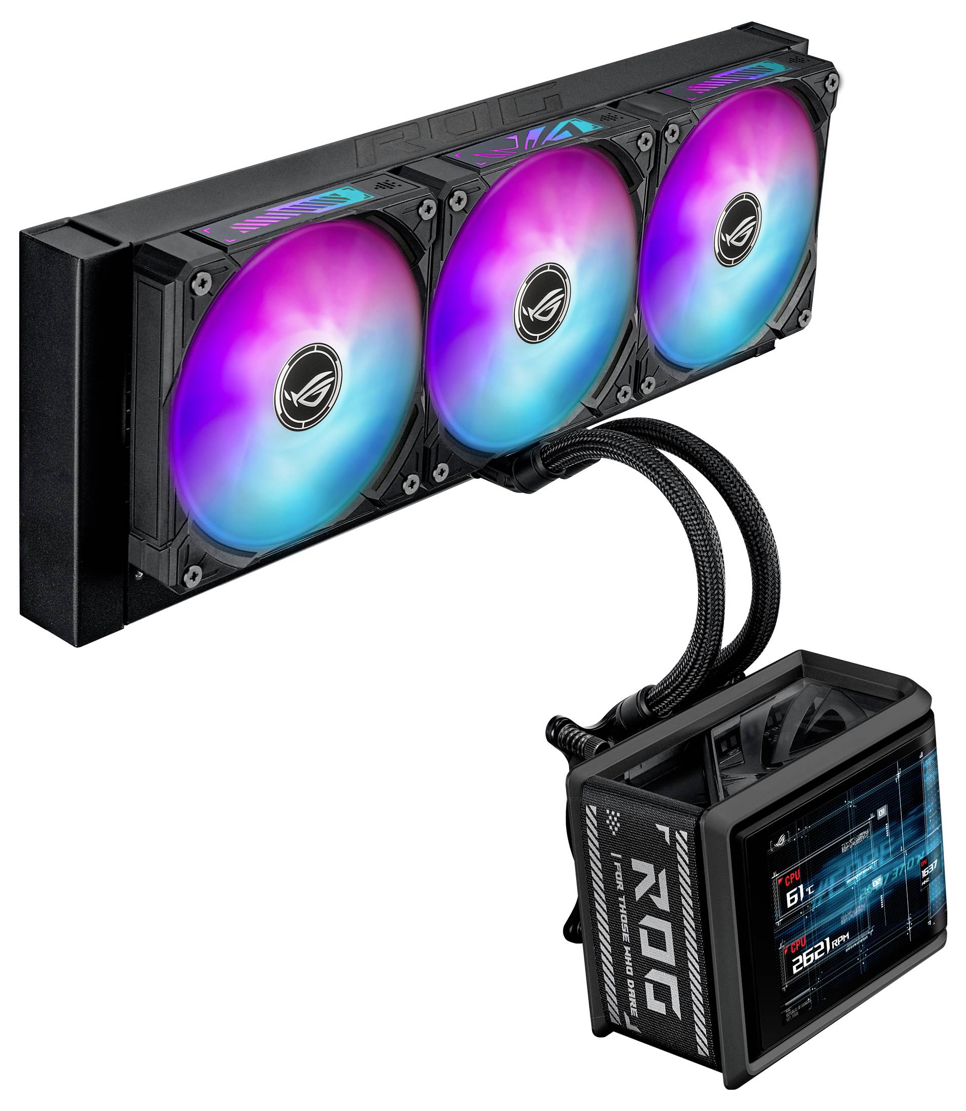 Chladič procesora ASUS ROG typu „vše v jednom" s kapalinovým chladením, trojitým radiátorom s ventilátorom a malým displejom na čerpadlovom bloku, ktorý zobrazuje štatistiky systému.