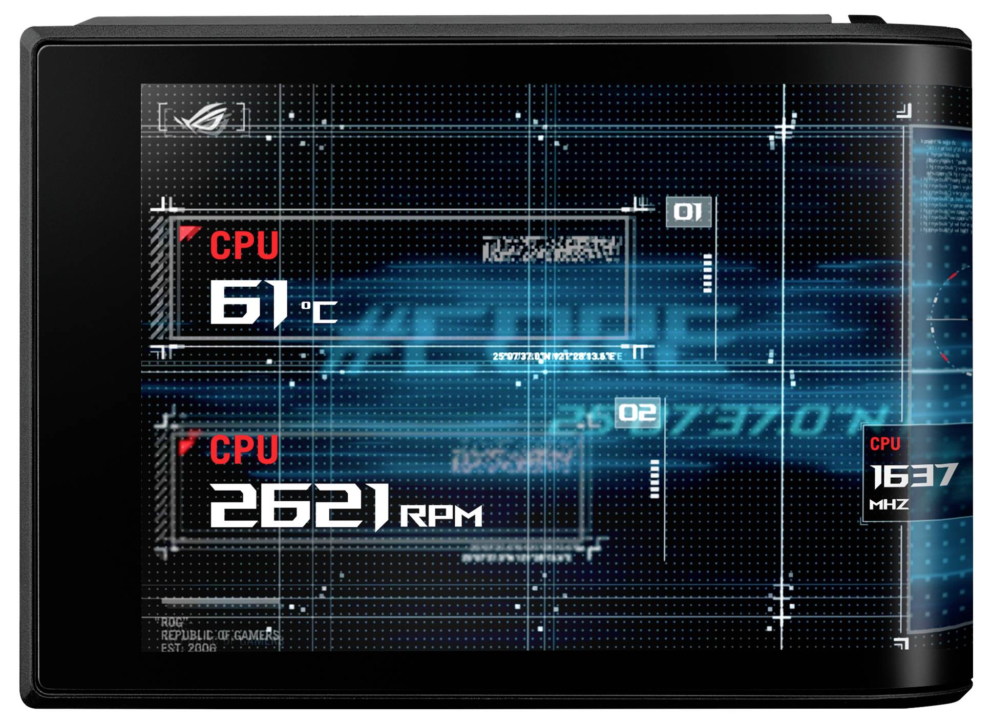 Palubný panel výkonu notebooku zobrazujúci teplotu procesora 61°C, rýchlosť ventilátora 2621 otáčok za minútu a taktovaciu frekvenciu procesora 1637 MHz v futuristicky modrého rozhrania.