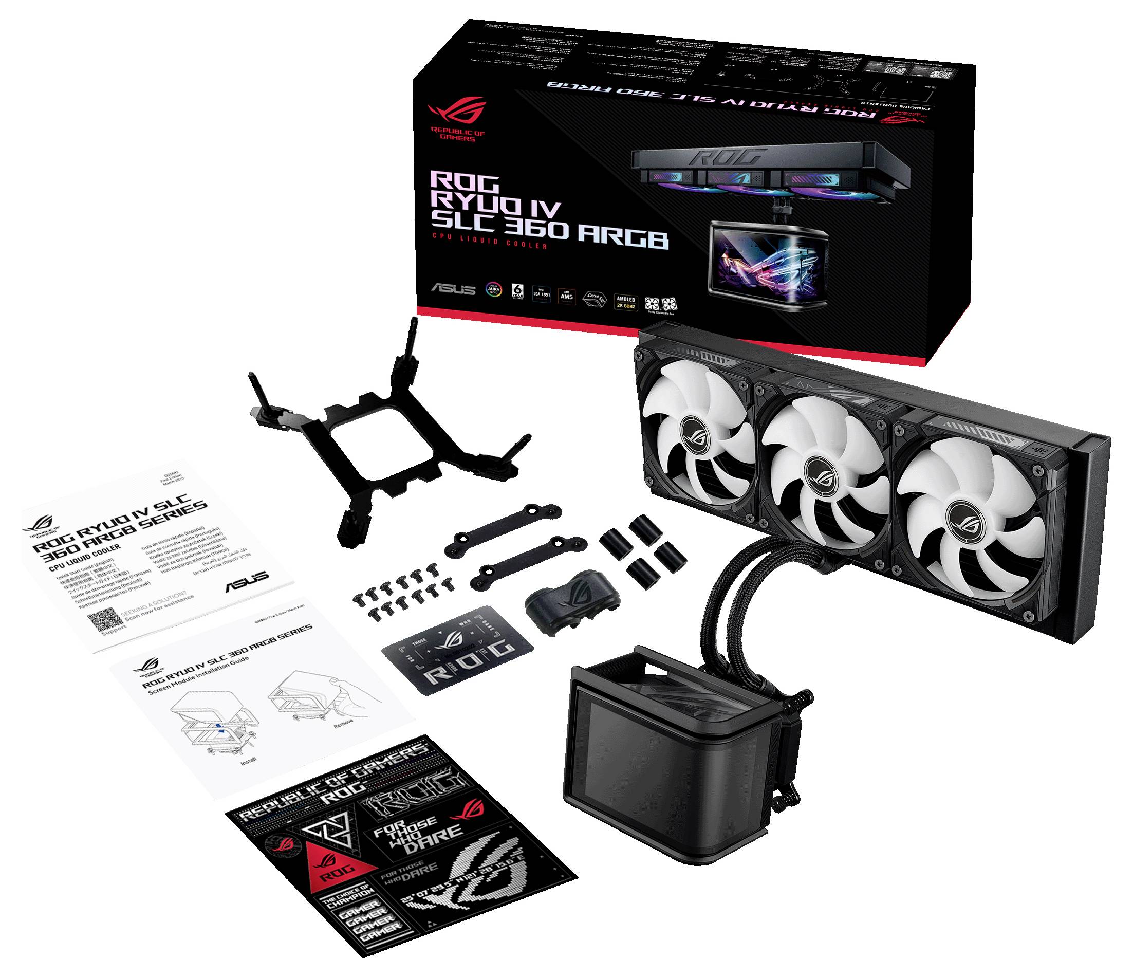 ASUS ROG Ryuo III 360 ARGB chladič CPU s kvapalinou so 360mm radiátorom, tromi ventilátormi, blok čerpadla, montážny hardvér, návody a balenie.