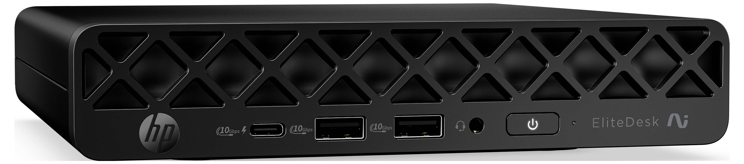 Pohľad spredu na miniatúrny stolný počítač HP EliteDesk s trojuholníkovým ventiláčným vzorom, prednými portmi a tlačidlom napájania.