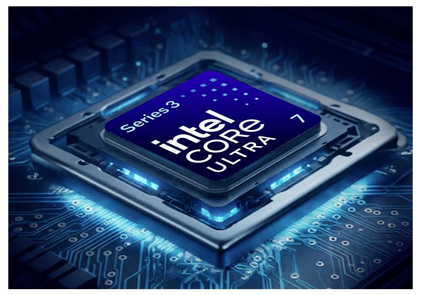 Zblízka fotografia procesora Intel Core Ultra 7 Series 3 na svietiacej modrej doske plošných spojov.
