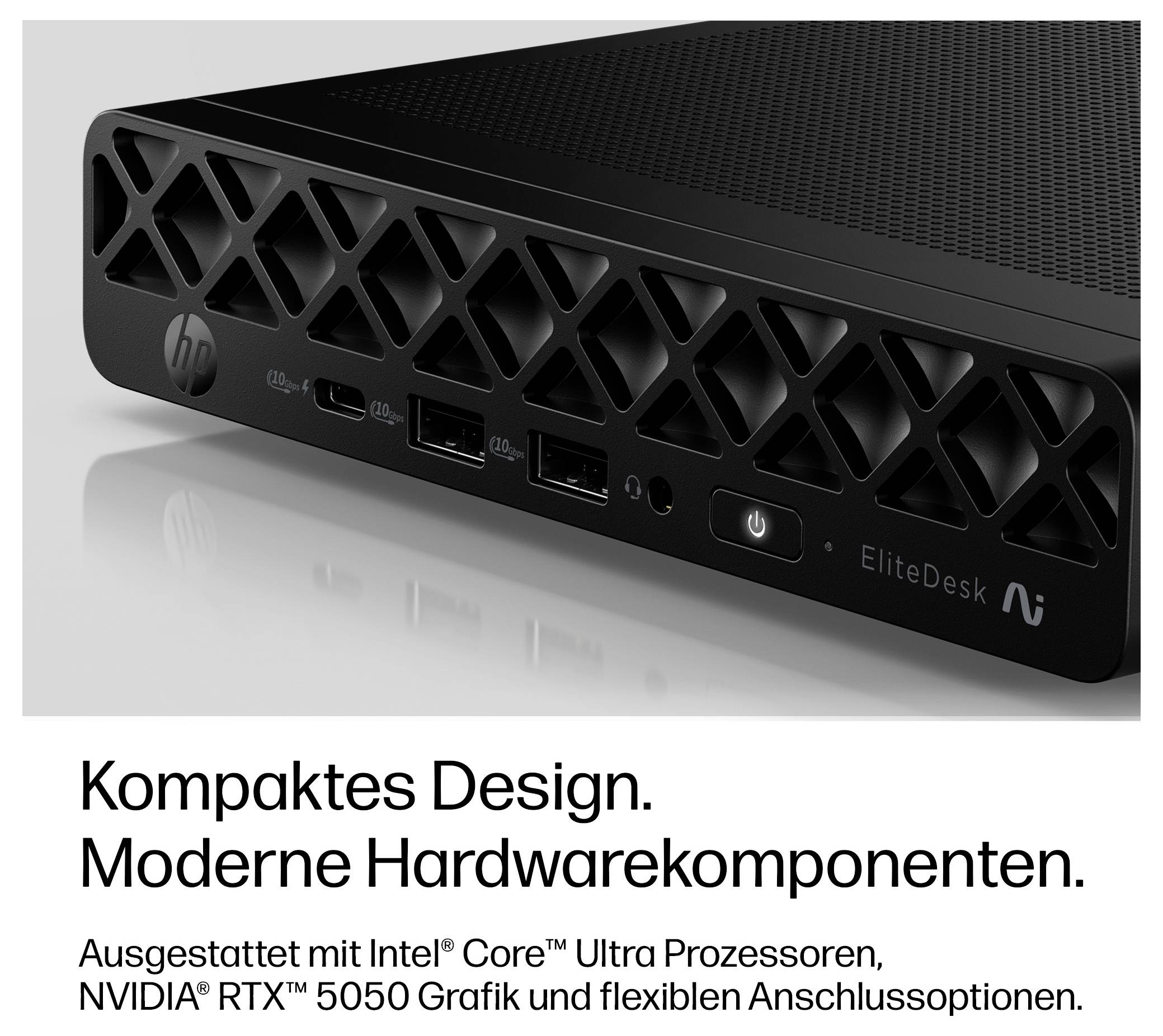 HP EliteDesk mini stolný počítač s vetranou prednou stranou, tlačidlom napájania a portami; slovenský promo text: 'Kompaktný dizajn. Moderné hardvérové komponenty.'