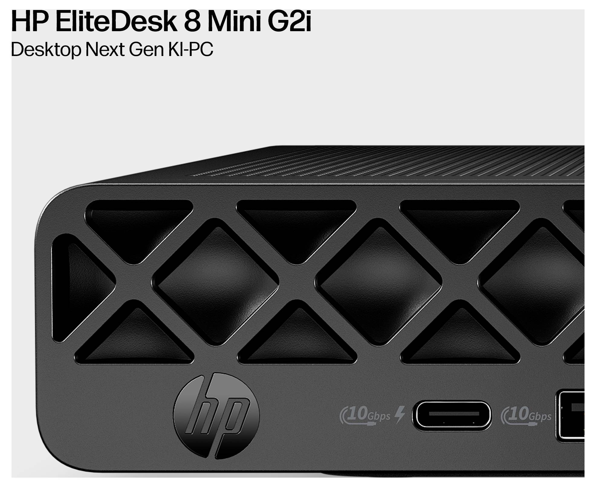 HP EliteDesk 8 Mini G2i stolný počítač desktop počítač AI PC novej generácie, zobrazujúci prednú stranu kompaktného malého počítača v čiernej farbe s ventiláciou, logom HP a portami USB-C/USB.