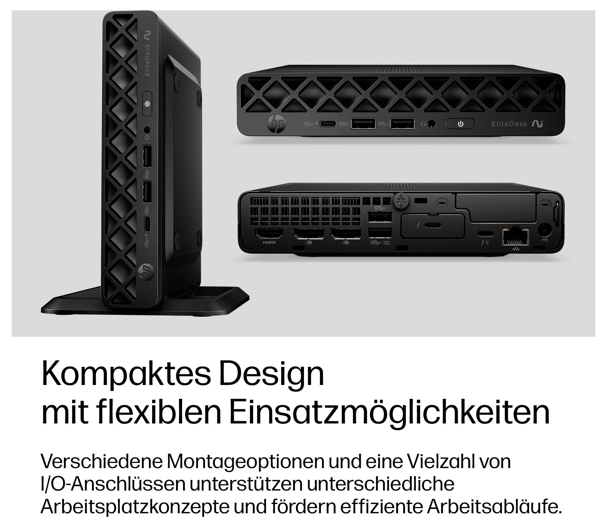 Kompaktny HP EliteDesk mini počítač zobrazený spredku, zozadu a zboku s portami a podstavcom; nemecký text hovorí o kompaktnom dizajne s flexibilnými možnosťami montáže.