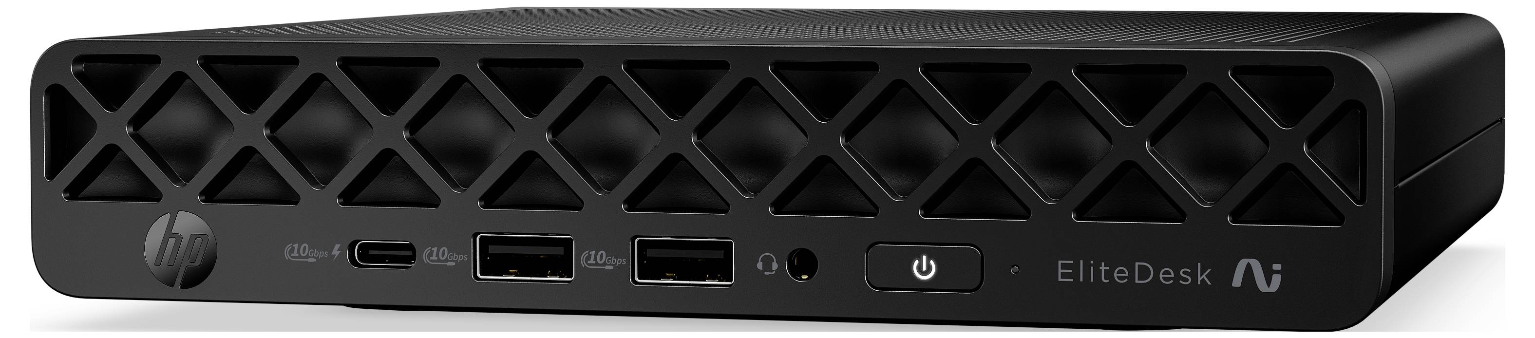 Predný pohľad mini stolného počítača HP EliteDesk s ventilačnou mriežkou, USB portami, audio zásuvkou, tlačidlom napájania a značkou EliteDesk.