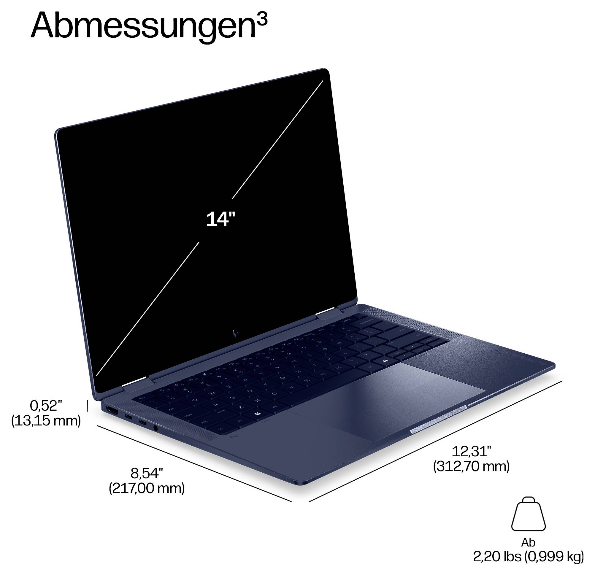 Diagram rozmerov produktu pre 14-palcový notebook: 12,31 x 8,54 x 0,52 palca, s hmotnosťou 2,20 libier.
