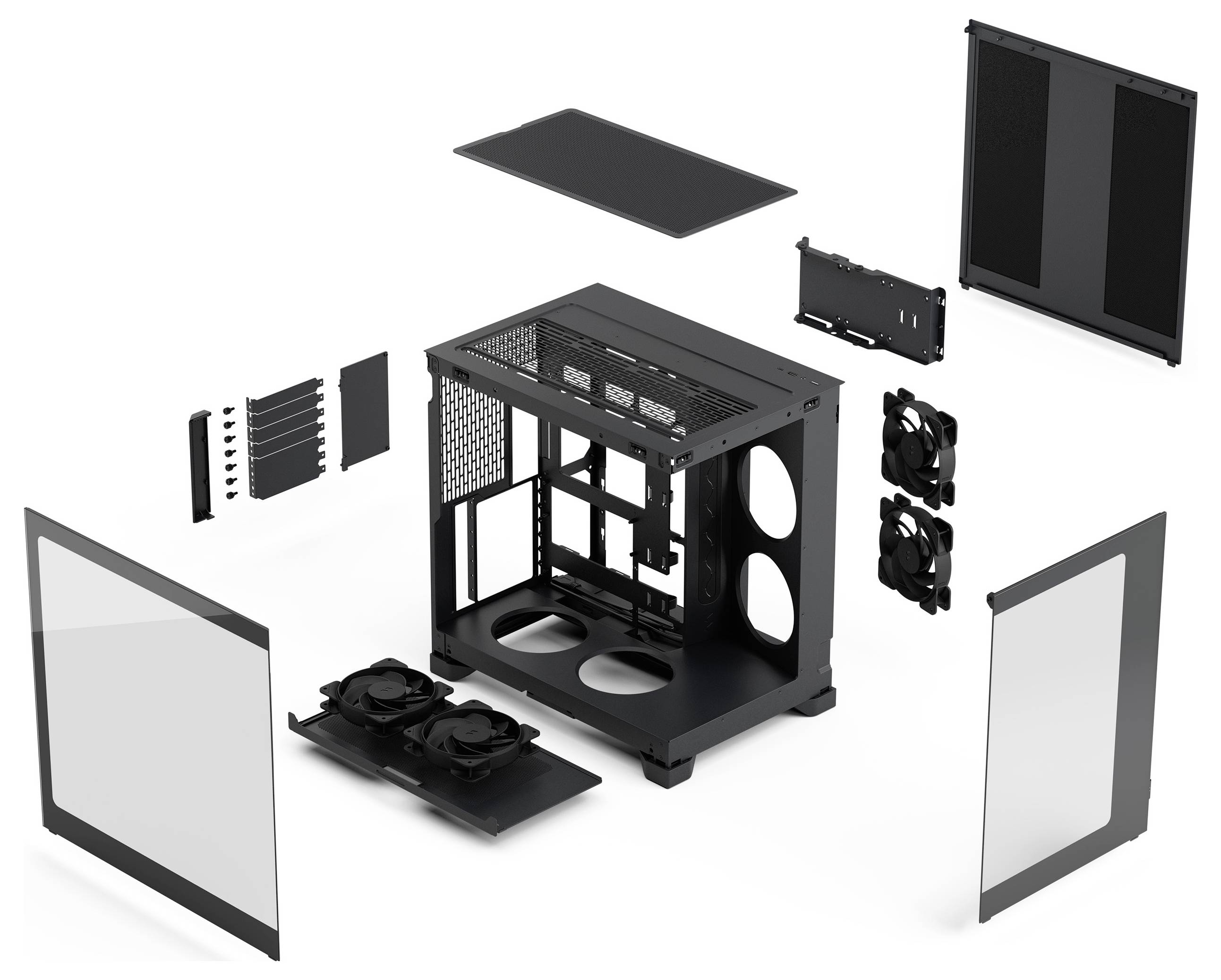 Rozložený pohľad čierneho PC skrinky s viditeľným šasi a okolo neho usporiadanými odnímateľnými panelmi, ventilátorom, konzolami a filtrami.