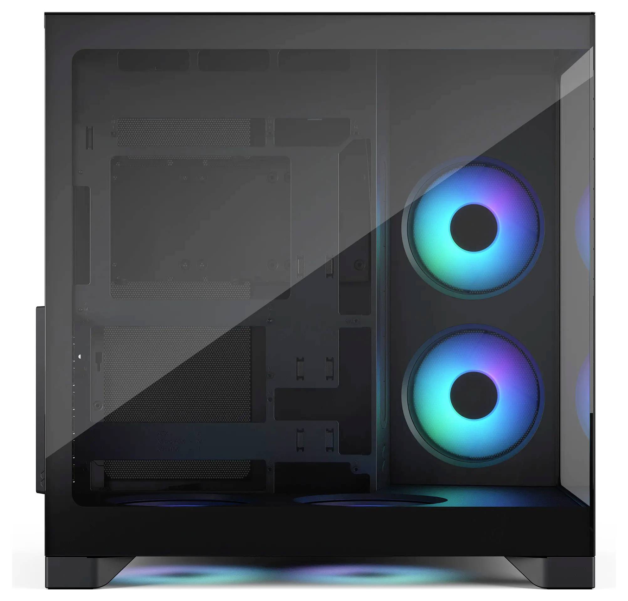 Prný pohľad na čiernu stolnú skrinku počítača s kaleneným skleneným bočným panelom a dvoma svietiace modrými fialovými RGB ventilátormi skrinky viditeľnými vo vnútri.