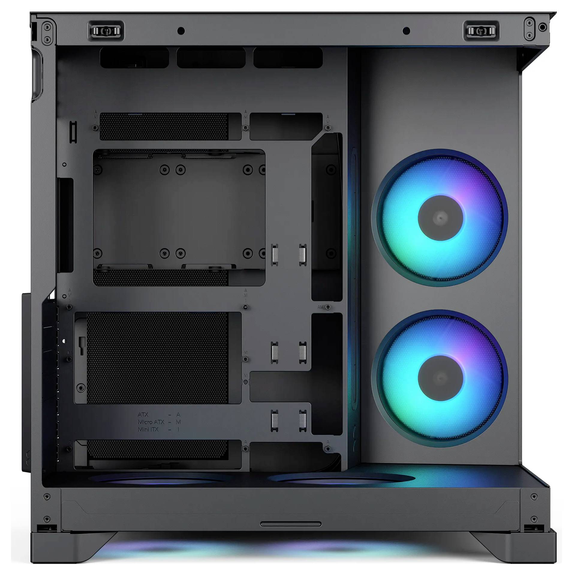 Vnútro čiernej PC skrine s dvoma prednými RGB ventilátorokmi svietiacimi modrou a tyrkysovou farbou, s viditeľnými práznymi pozíciami pre mechaniky a oblasťou na pripevnenie matičnej dosky.