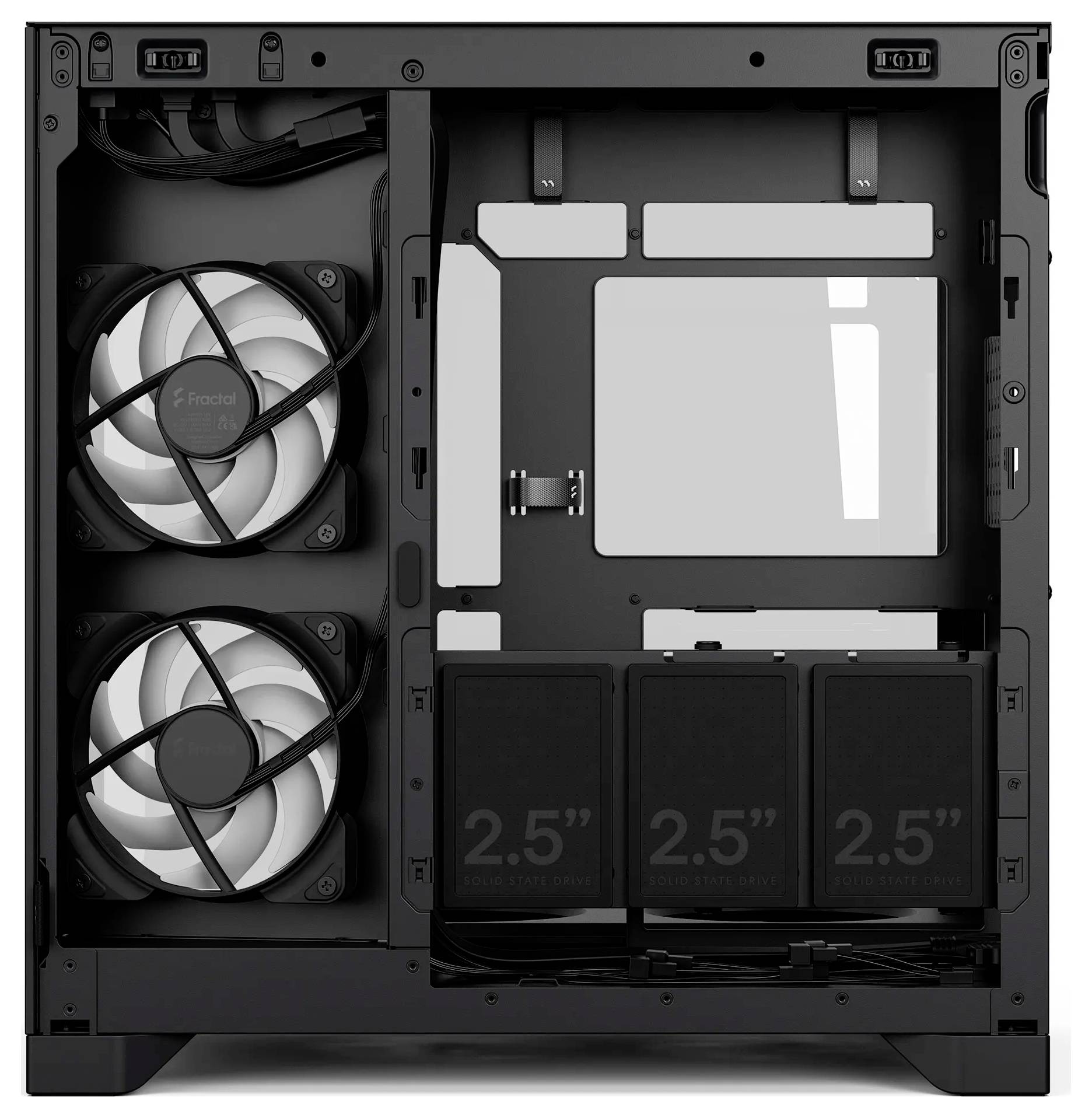 Interiér otvoreného PC skrinky zobrazujúci dva predné chladiace ventilátory, zásuvku základnej dosky a tri zástrčky pre 2,5-palcové jednotky.