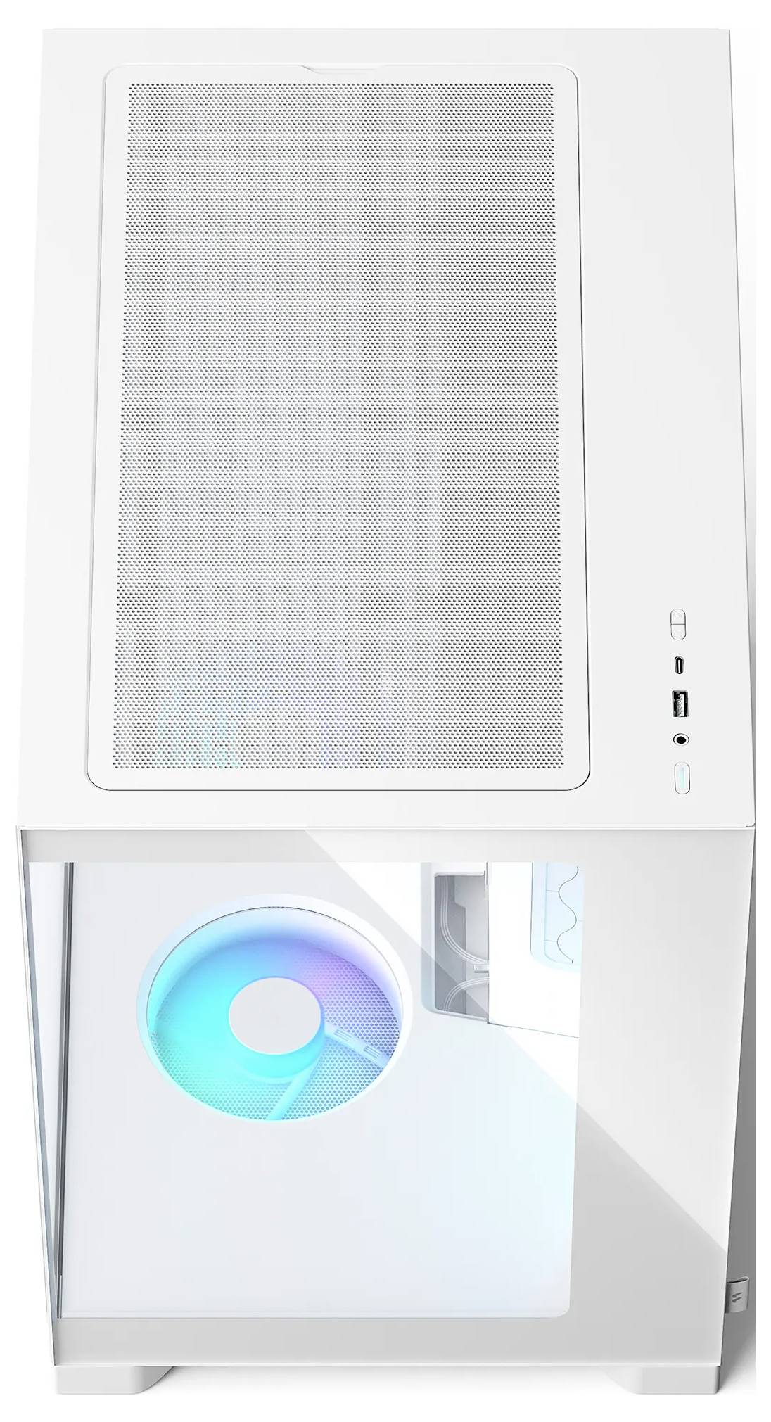 Biely stolný PC tower s priehľadným bočným panelom a RGB osvetleným chladiacim ventilátorom vnútri.