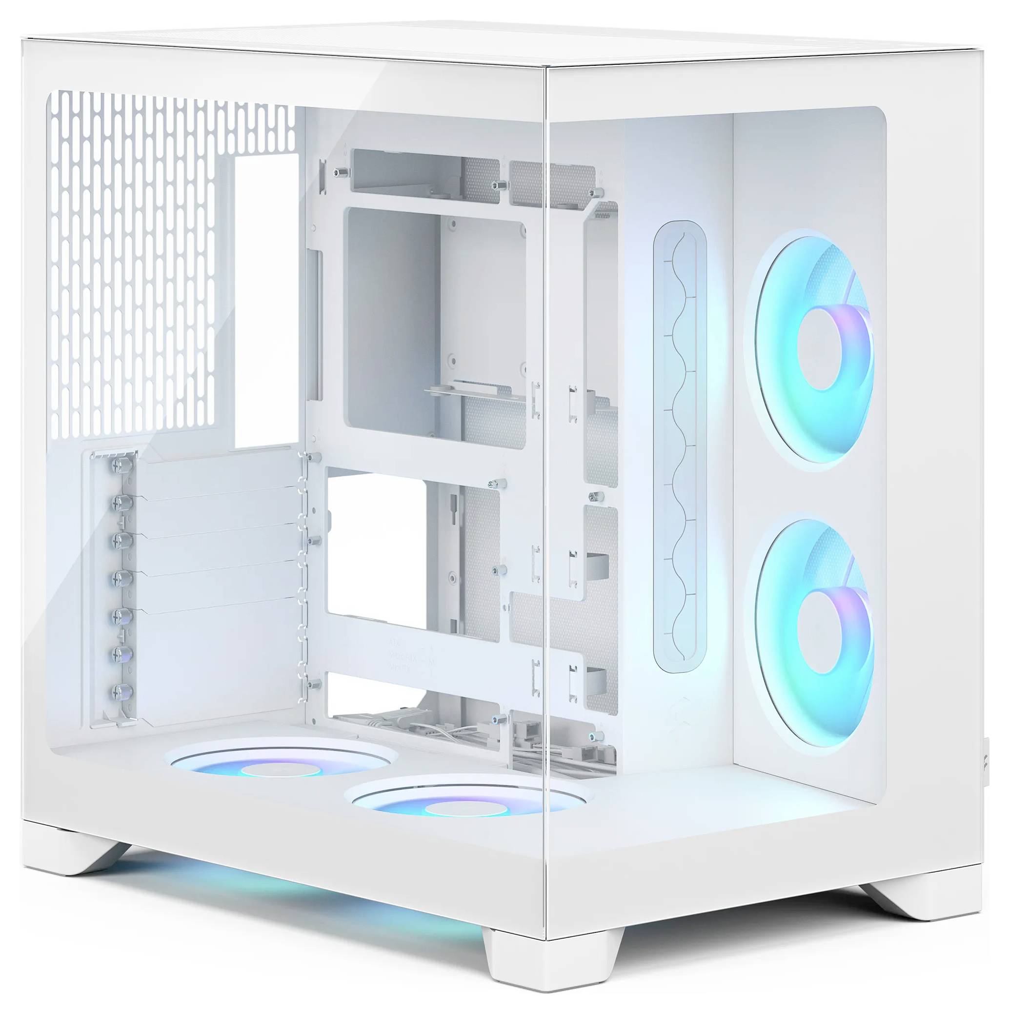 Biela skriňa PC so zrakoplachom na boku, ktorá ukazuje prázdny interiér, dva modro osvietené predné ventilátory a dva dolné RGB ventilátory