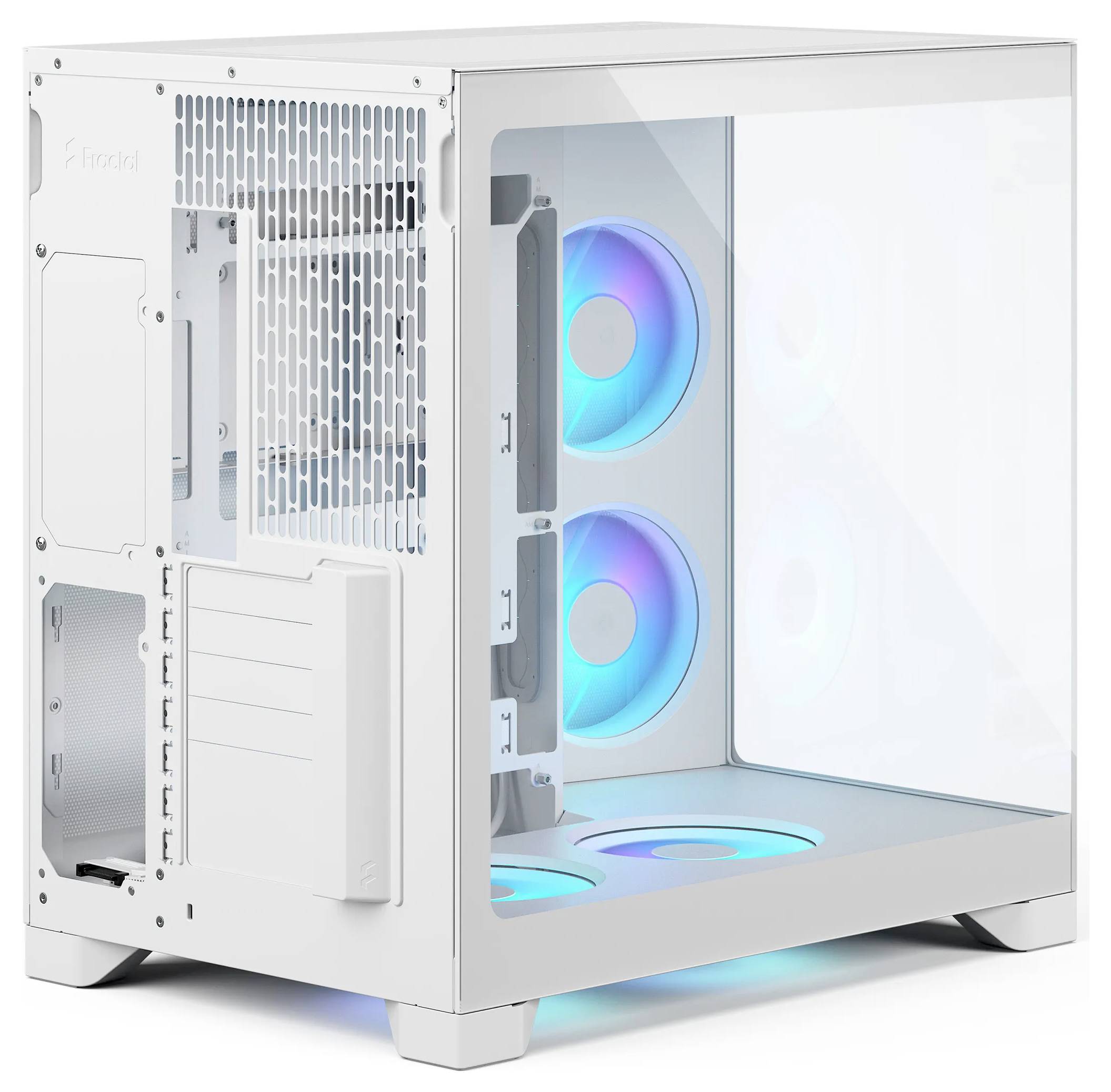 Biela skříň počítače s bočným panelom z temperovaného skla a tromi RGB osvetlenými ventilátormi vnútri