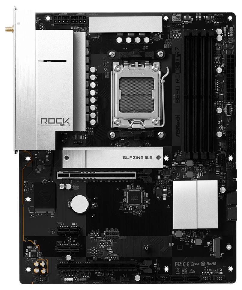 Čierna doska ASRock s paticeou Intel CPU, slotmi pre RAM pamäť, slotom M.2 a striebornými chladičmi