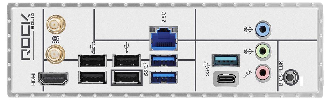 Zadný panel I/O počítača PC s displej výstupmi, USB portami, Ethernetom, audio jackmi, konektormi Wi-Fi antény a tlačidlom BIOS flash.