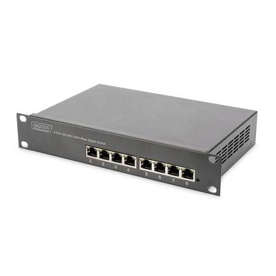 Čierna 8-portová ethernetová sieťová prepínač s frontálnymi portami a ušami na montáž do racku na bielom pozadí