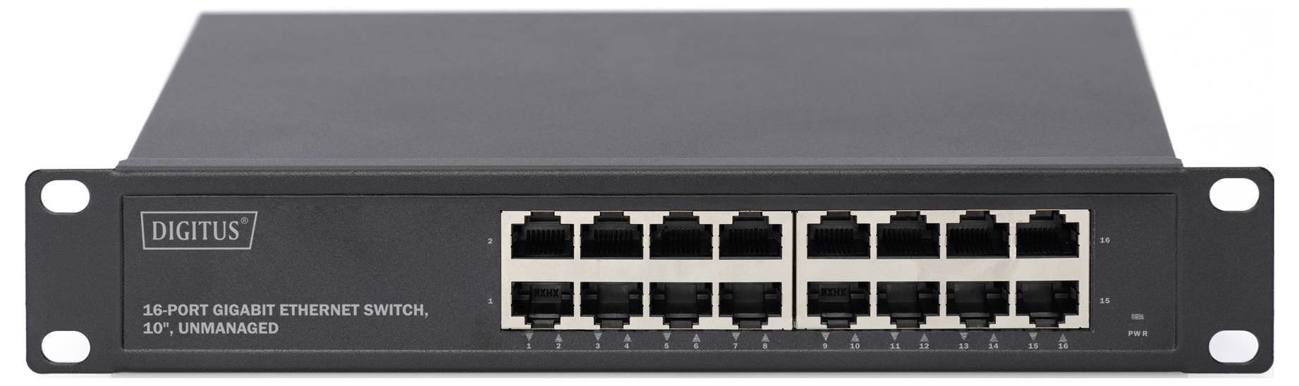 Predný pohľad na 16-portový gigabitový ethernetový prepínač DIGITUS, 10-palcový nespravovaný, s 16 portami RJ45 a ušami na montáž do racku.