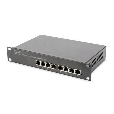 Čierny 8-portový sieťový prepínač s predným Ethernetovými portami a ušami na montáž do racku, zobrazený na bielom pozadí.