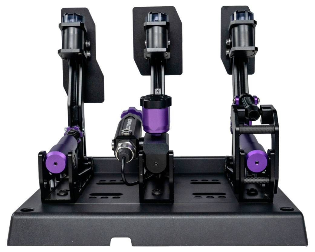 Tri čierne mechanické modulyl aktuátorov namontované na podstavnej doske, zobrazené z čelného pohľadu na bielom pozadí.
