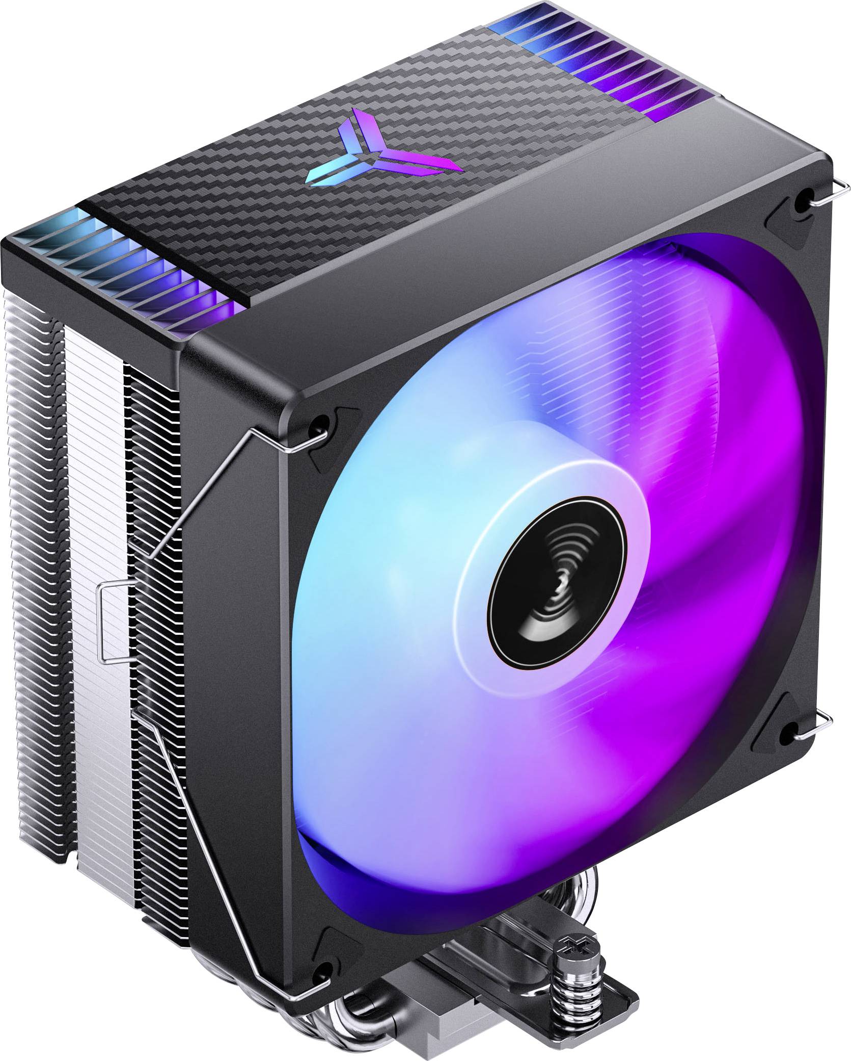 Čierny vzduchový chladič CPU pre PC so vrstvením kovovými rebrami a predným RGB ventilátorom svietiaceho modrou, fialovou a ružovou farbou