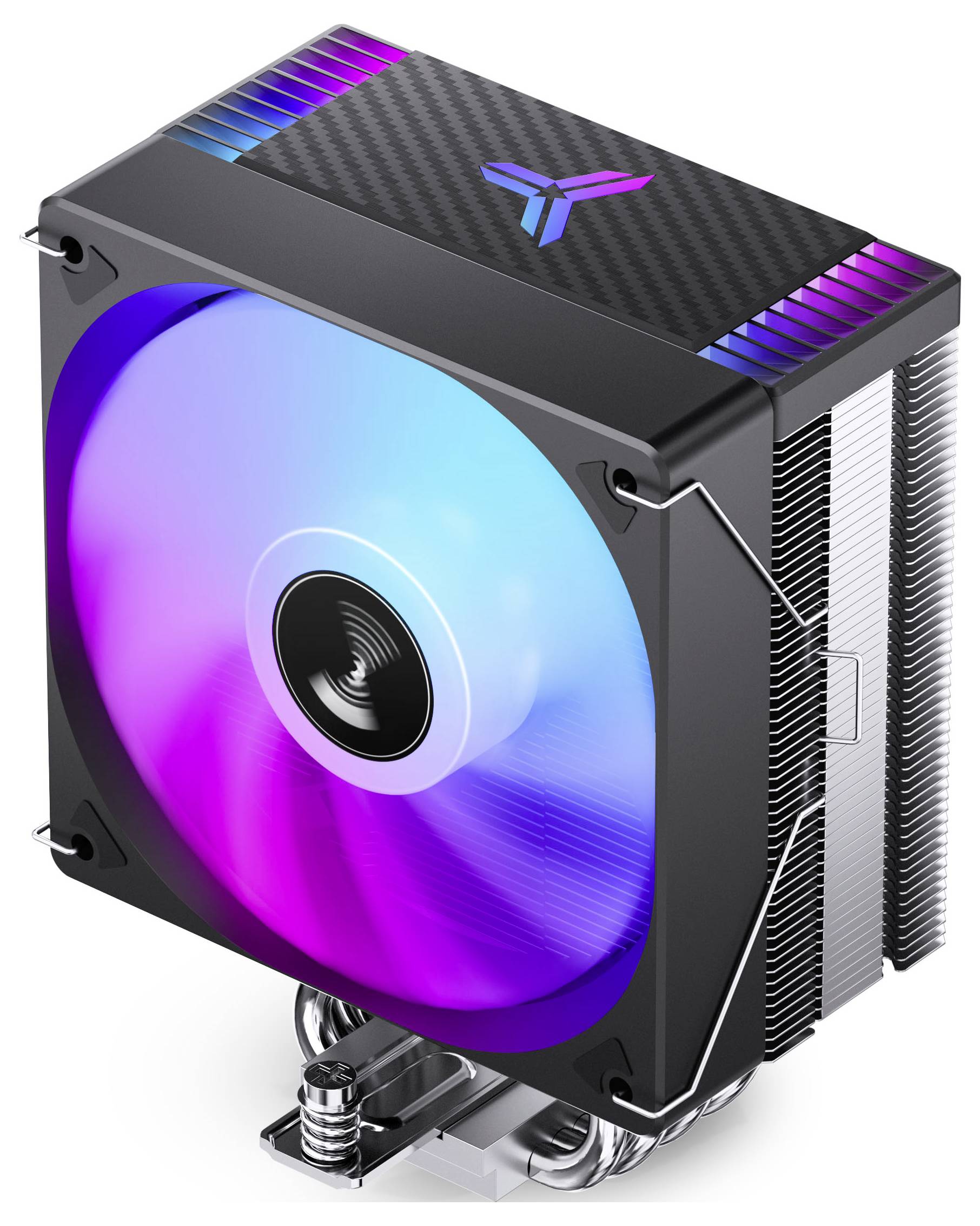 RGB chladič CPU so vzduchovým chladením, veľkým podsvietený ventilátorom, rebrinami chladiča a horným panelom v štýle karbónového vlákna