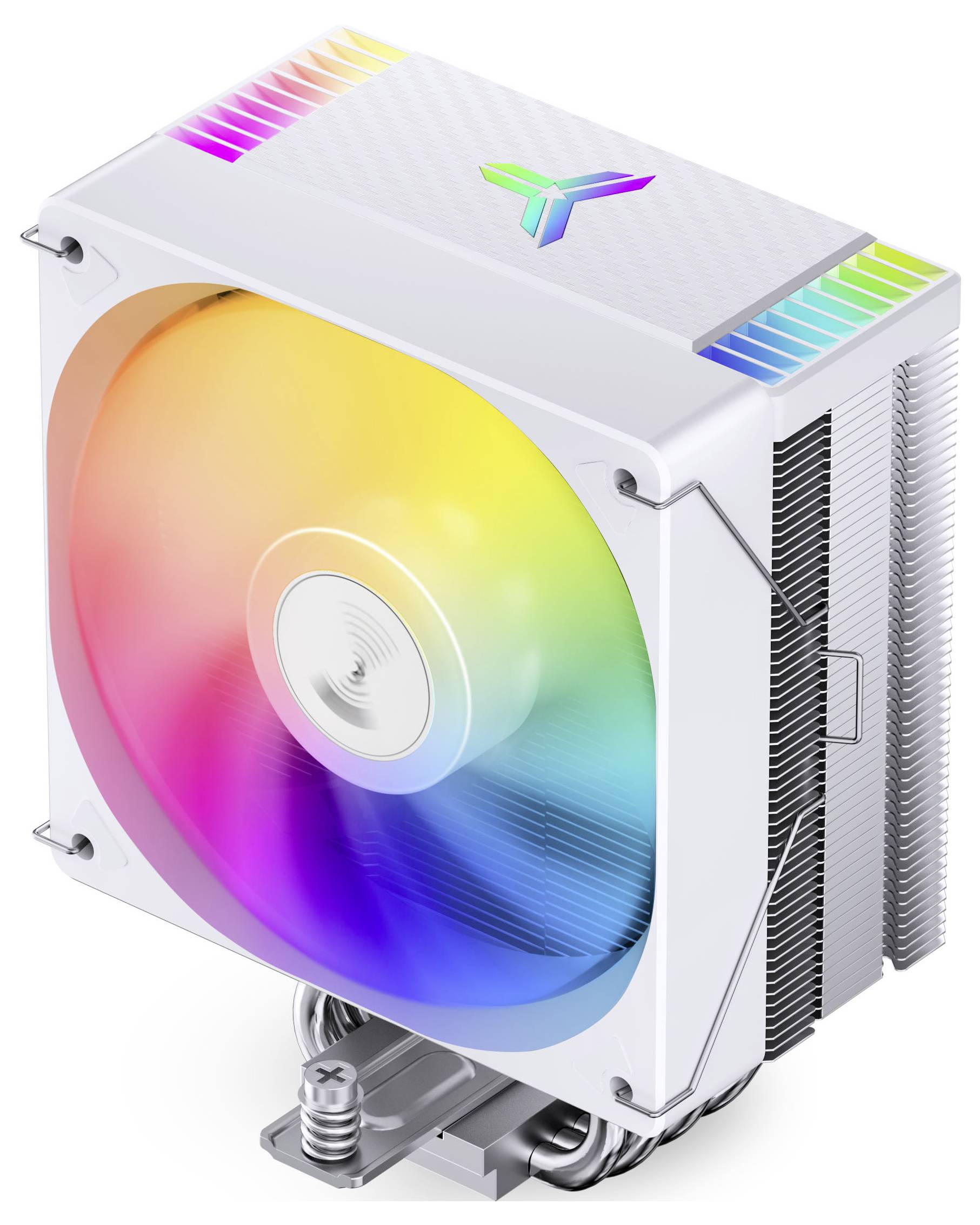 Dúhový RGB počítačový chladič CPU s veľkým ventilátorom a chladičom, zobrazený v bielom puzdre z uhla spredu-zľava.