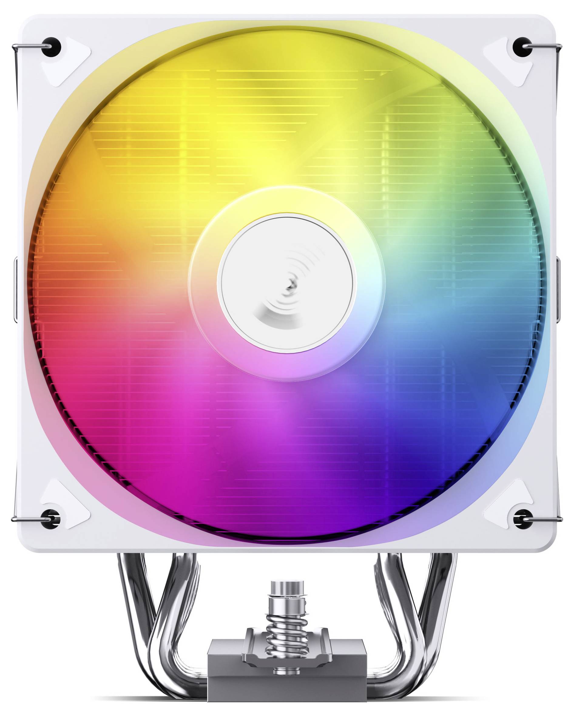 Farebný CD/DVD disc s dúhovým efektom umocný na priehľadnom štvorcovom stojane s kovovými spojovacím prvkami a kábly v spodnej časti.