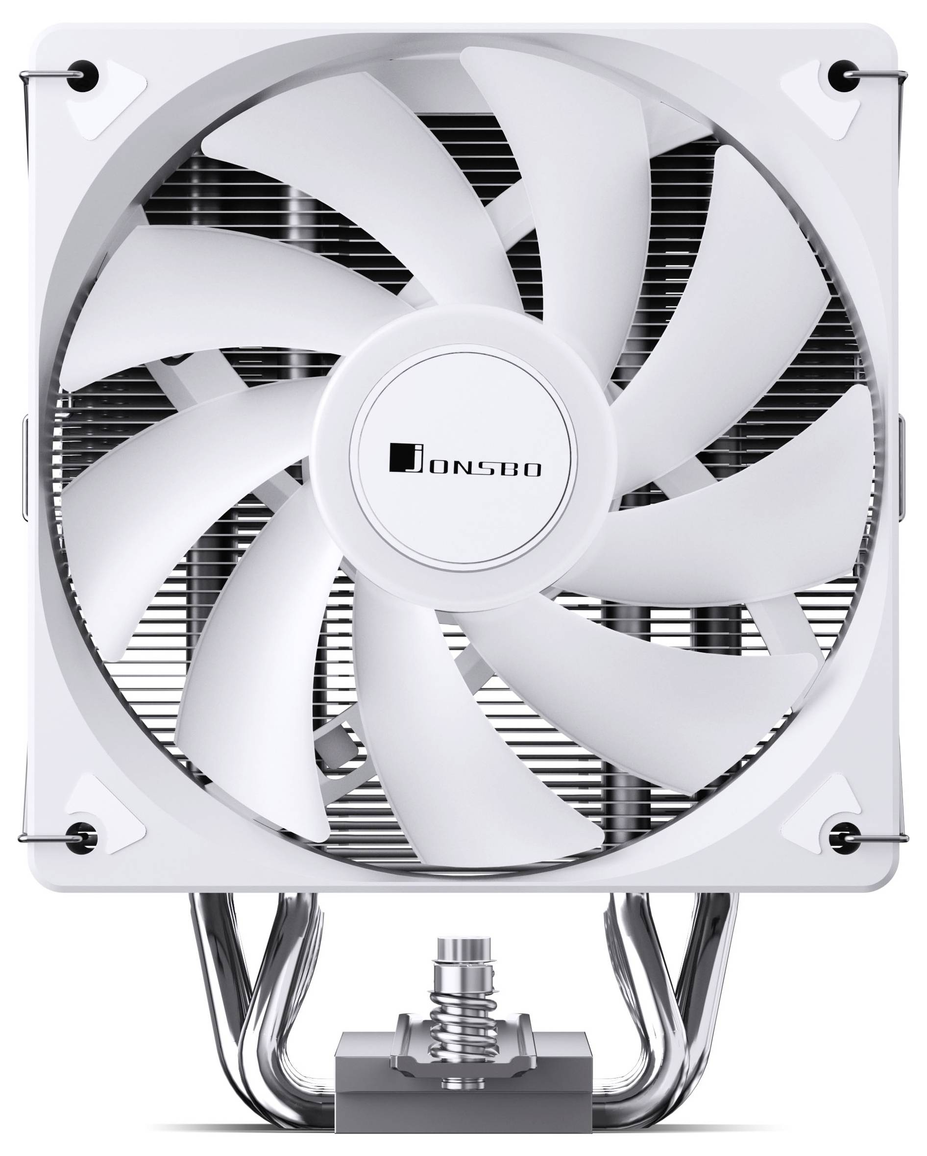 Biely chladič CPU s veľkým ventilátorom a radiátorom, logo Jonsbo na náboji, zobrazené s montážnym hardvérom a tepelnými rúrkami.