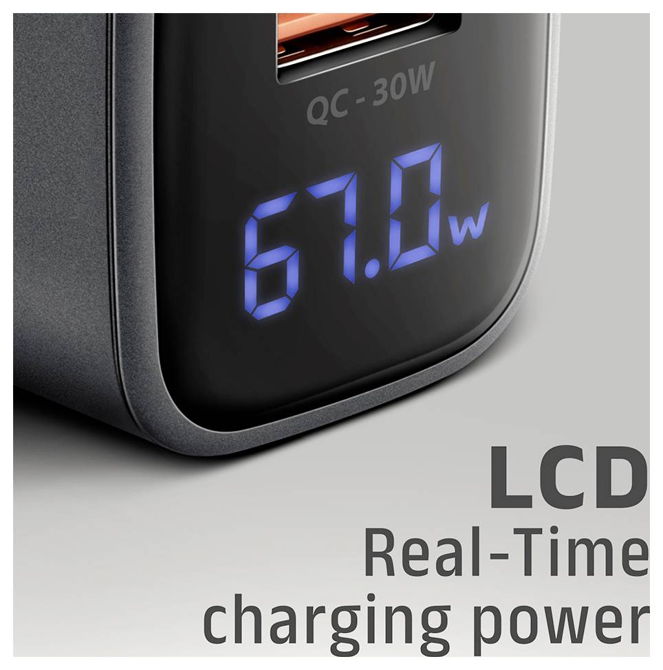 Zblízka záber nabíjačky s modrým LCD displejom zobrazujúcim "67.0W" a text "LCD Real-Time charging power".