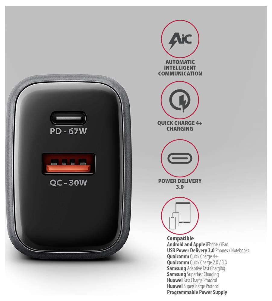 Čierny nástenný nabíjač s portami USB-C PD 67W a USB-A QC 30W, plus ikony uvádzajúce AIC, Quick Charge 4+, Power Delivery 3.0 a kompatibilitu zariadení.