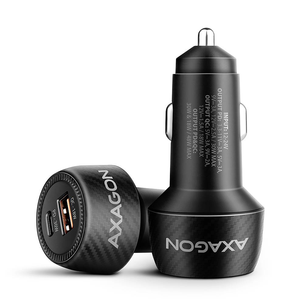 Dva čierne USB nabíjačky do auta AXAGON, jedna stojaca a jedna ležiaca, s dvoma USB portami a vytlačenými údajmi o výkone na bielom pozadí.