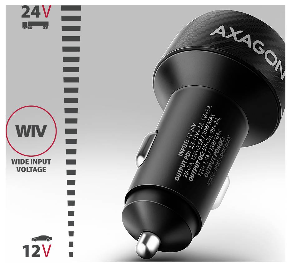 AXAGON nabíjačka do auta 2 x USB-C® zásuvka (nabíjanie), USB-A zásuvka, PWC-PQ48-2