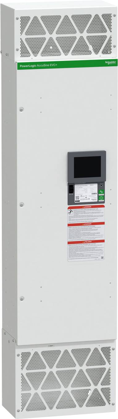Vysoká biela elektrická skriňa Schneider Electric s perforovanými vetracími otvormi, malou displejovou/ovládacou obrazovkou a výstražnými značkami na prednej strane.