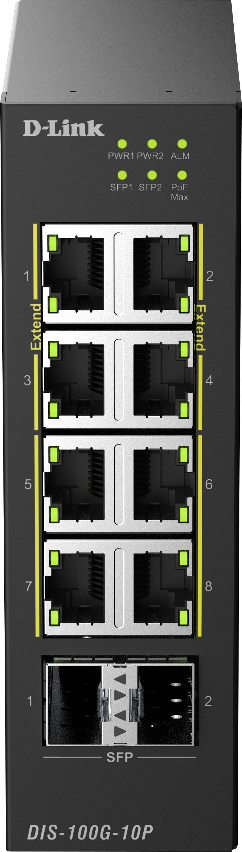 Pohľad spredu priemyselného sieťového prepínača D-Link DIS-100G-10P s ôsmimi portami Ethernet, dvoma zásuvkami SFP a stavovými LED diódami.