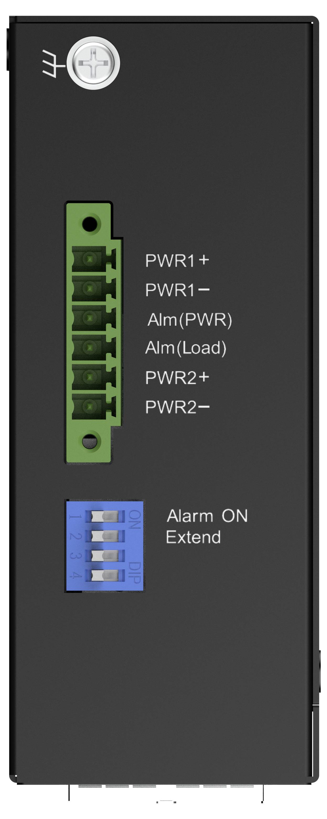 Predný panel priemyselného energetického modulu so zeleným svorkovnicou označenou PWR1+, PWR1-, Alm(PWR), Alm(Load), PWR2+, PWR2- a modrými spínačmi označenými Alarm ON, Extend.