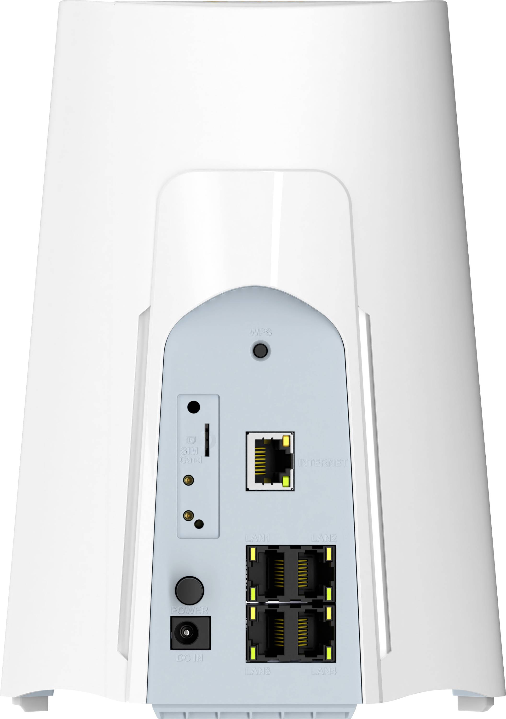 Zadný pohľad na biely sieťový smerovač s viditeľnými portami napájania, resetovania, USB a Ethernet portov na modrej zadnej ploche.