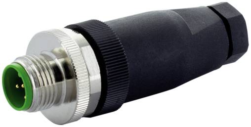 Čierny valcový priemyselný konektor so závitovým kovovým hrotom a zeleným vnútorným koncom.