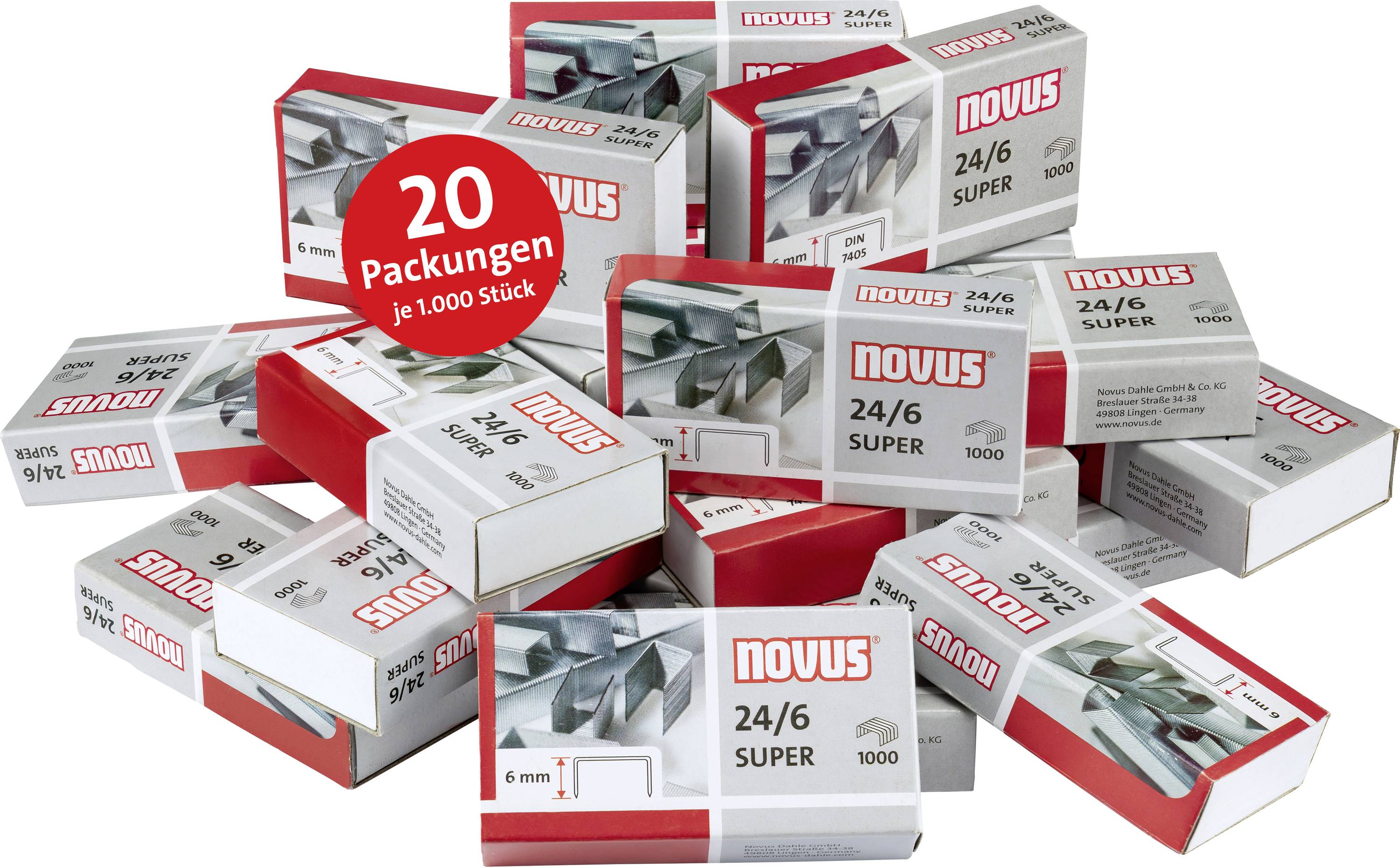 Kopa krabičiek so sponami NOVUS 24/6 SUPER s červeným odznakom s nápisom "20 Packungen je 1.000 Stück".