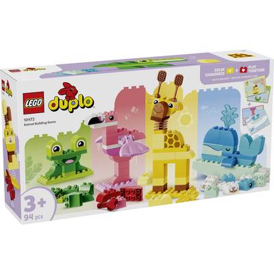 LEGO Duplo 'Hra stavby zvierat' krabica zobrazujúca farebné staviteľné zvieratá: žaba, plameniak, žirafa a veľryba, pre vek 3+ s 94 kockami.