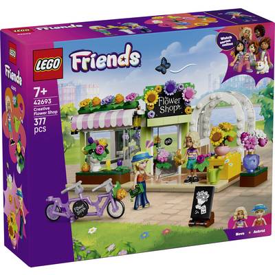 Stavebnica LEGO Friends Kreatívna kvetinárňa, boxová verzia s kvetinárňou, dvoma mini panenkkami a fialkovým bicyklom; 377 kusov, vhodné pre deti od 7 rokov.