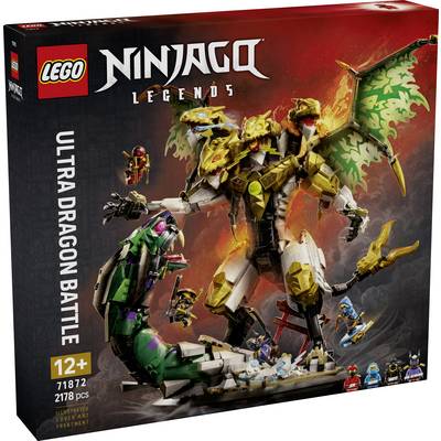 LEGO Ninjago Legends súprava 'Ultra Dragon Battle' s boxom zobrazujúcim zlatého viacvlaveného draka bojujúceho so zeleným drakom; vhodné od 12 rokov, 2178 dielov.