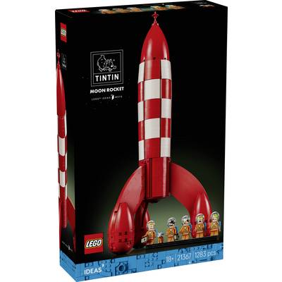 Krabica LEGO Icons „Tintin Moon Rocket", zobrazujúca červeno-bielu raketu s figúrkami Tintína a posádky; 18+, sada 21367, 1 258 dielikov.