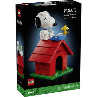 LEGO Ideas 'Peanuts' Snooopyho búda – sada v krabici s Snoopym na červenej búde a neďaleko sediacom Woodstockovi; 964 dielov, vek 18+.