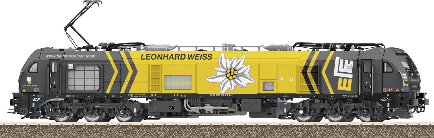 Žltá a čierna železničná lokomotíva LEONHARD WEISS s veľkým bielym logom kvetu, zobrazená z boku na koľajniciach.