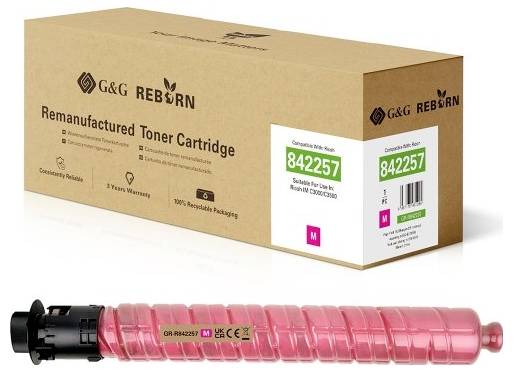 Krabica regenerovaného toneru G&G REBORN s modelom 842257, plus ružový tonerový cartridge zobrazený pod balením.