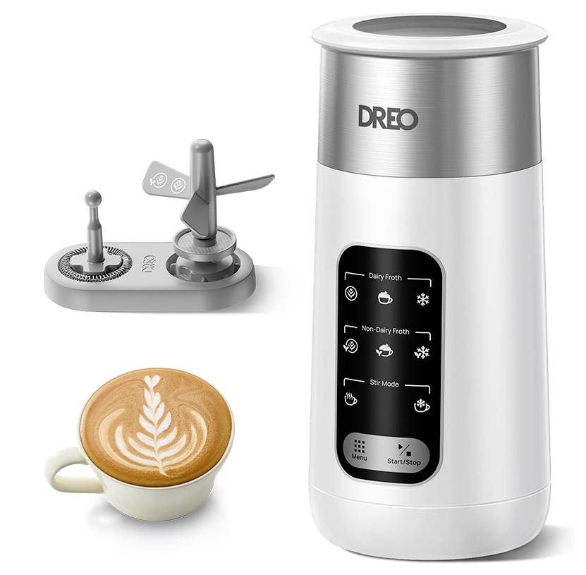 DREO elektrický šľahač na mlieko s odnímateľnými venčekmi a šálkou latte art, ktorý ukazuje režimy na tvorbu peny, bez peny a miešania.