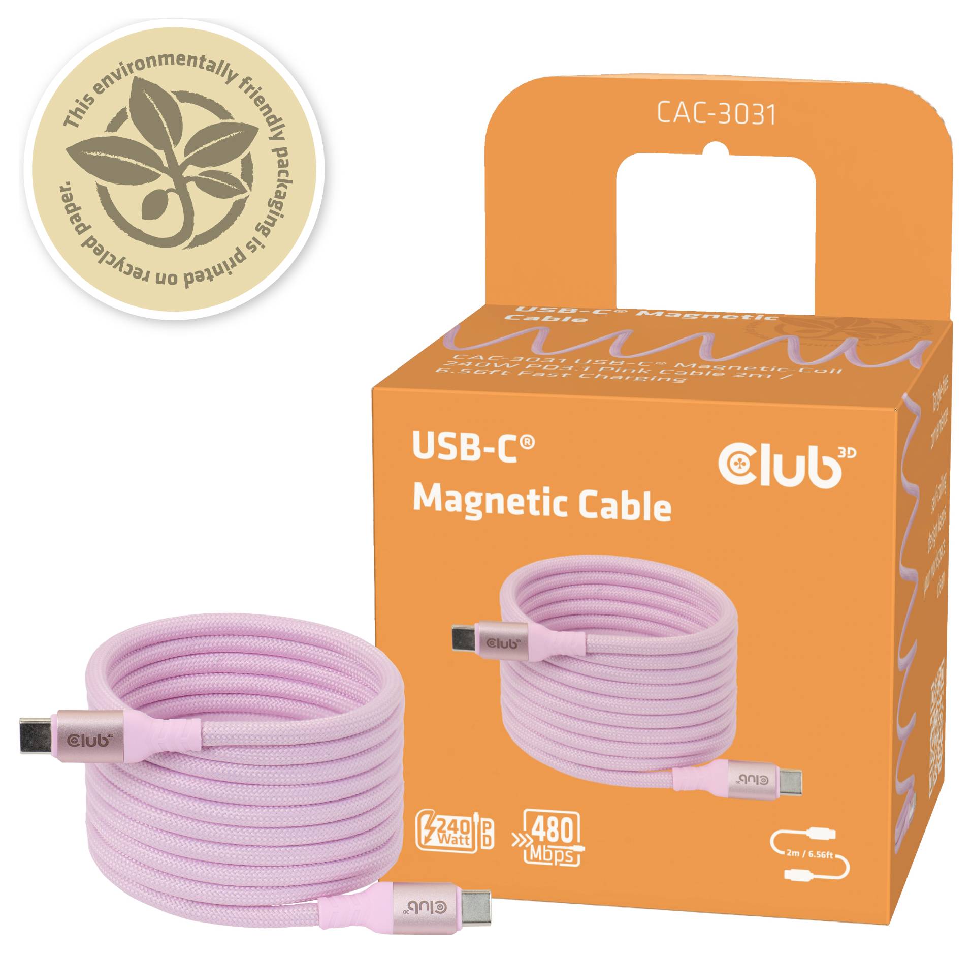 club3D Kábel USB-C USB 2.0 USB-C ® zástrčka 2 m ružová CAC-3031-6