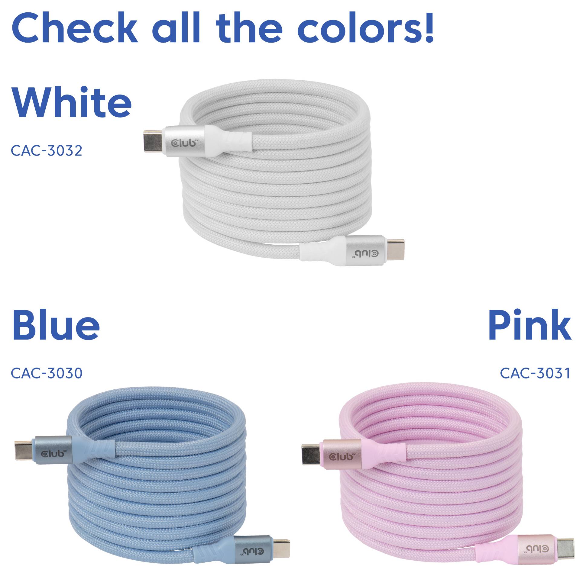 club3D Kábel USB-C USB-C ® zástrčka 2 m biela CAC-3032-3