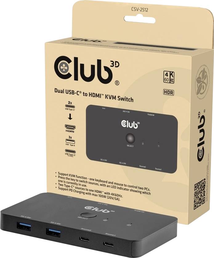 Club 3D Dual USB-C na HDMI KVM Switch v maloobchodnom balení s čiernym prepínacím zariadením zobrazeným vpredu; štítky označujú podporu 4K 60Hz a HDR.